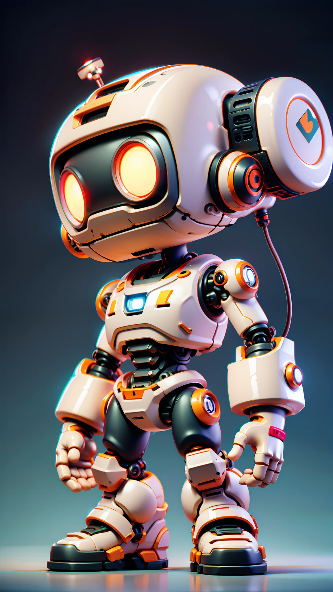 Pixar style,robot,no humans,mecha,solo,radio antenna,science fiction,standing,cable,glowing,television,looking ahead,gradient background,chibi,locomotive,