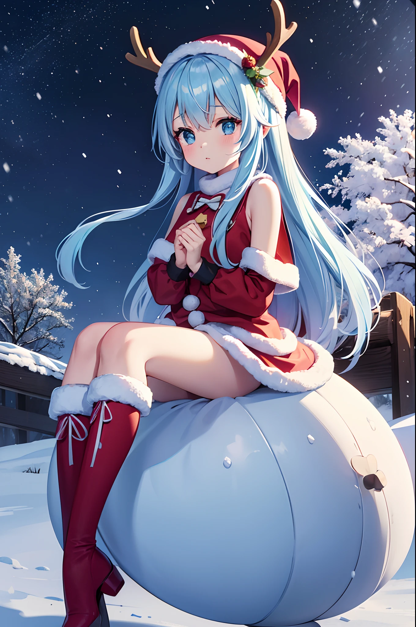 Super Idol Pretty girl Light blue long hair Twin-tailed Cute Santa Claus costumes snow country Ride a reindeer sleigh Flying in the night sky It's snowing(Some photos)