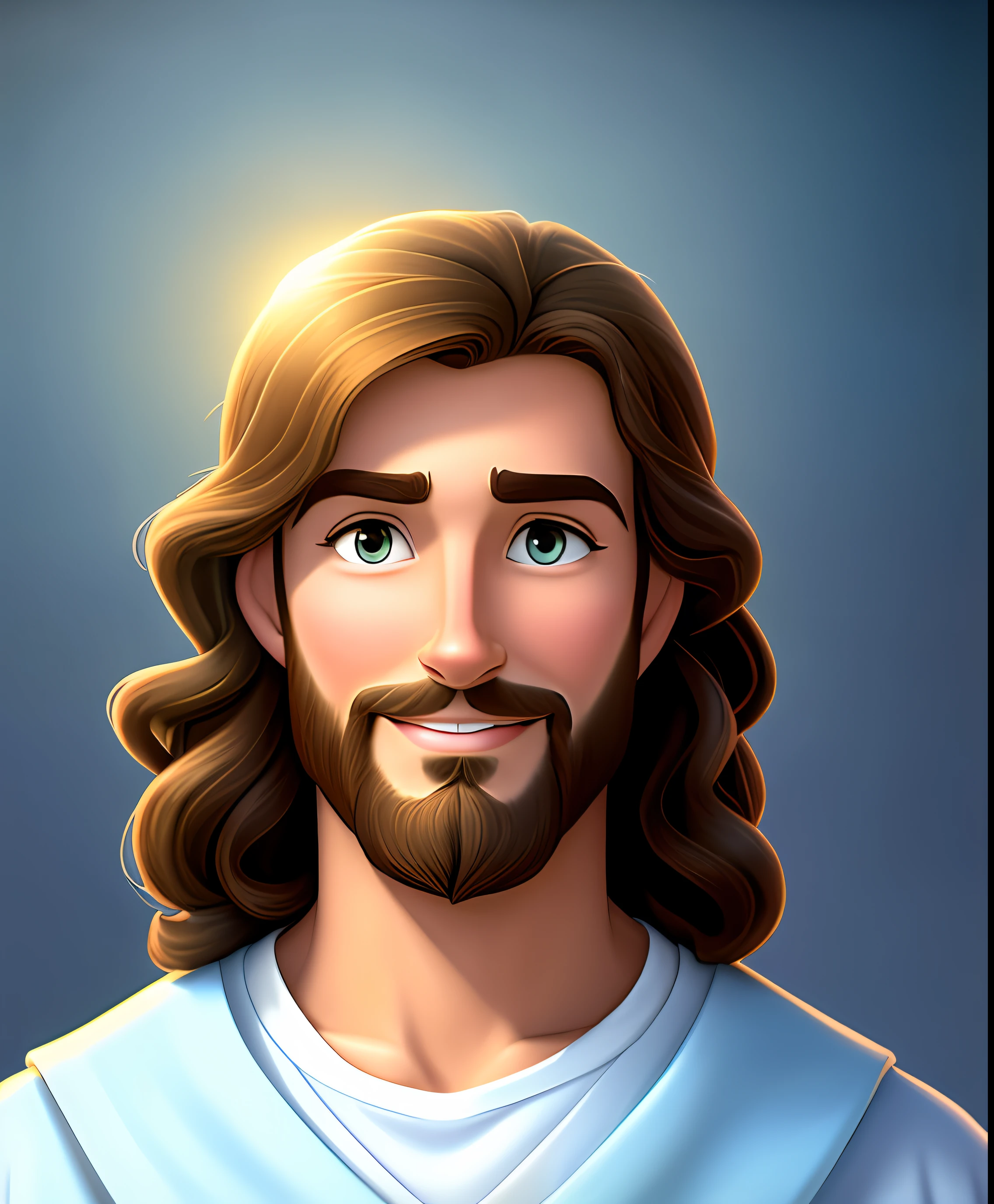 Original art quality, full body picture, Disney character animation style, young and handsome Jesus God, standing posture, hands naturally placed on both sides, looking ahead, gentle expression and smiling, eyes full of light, background light blue, translucent, with light as the theme, the focus of light is on the characters, the overall picture is fresh and bright.