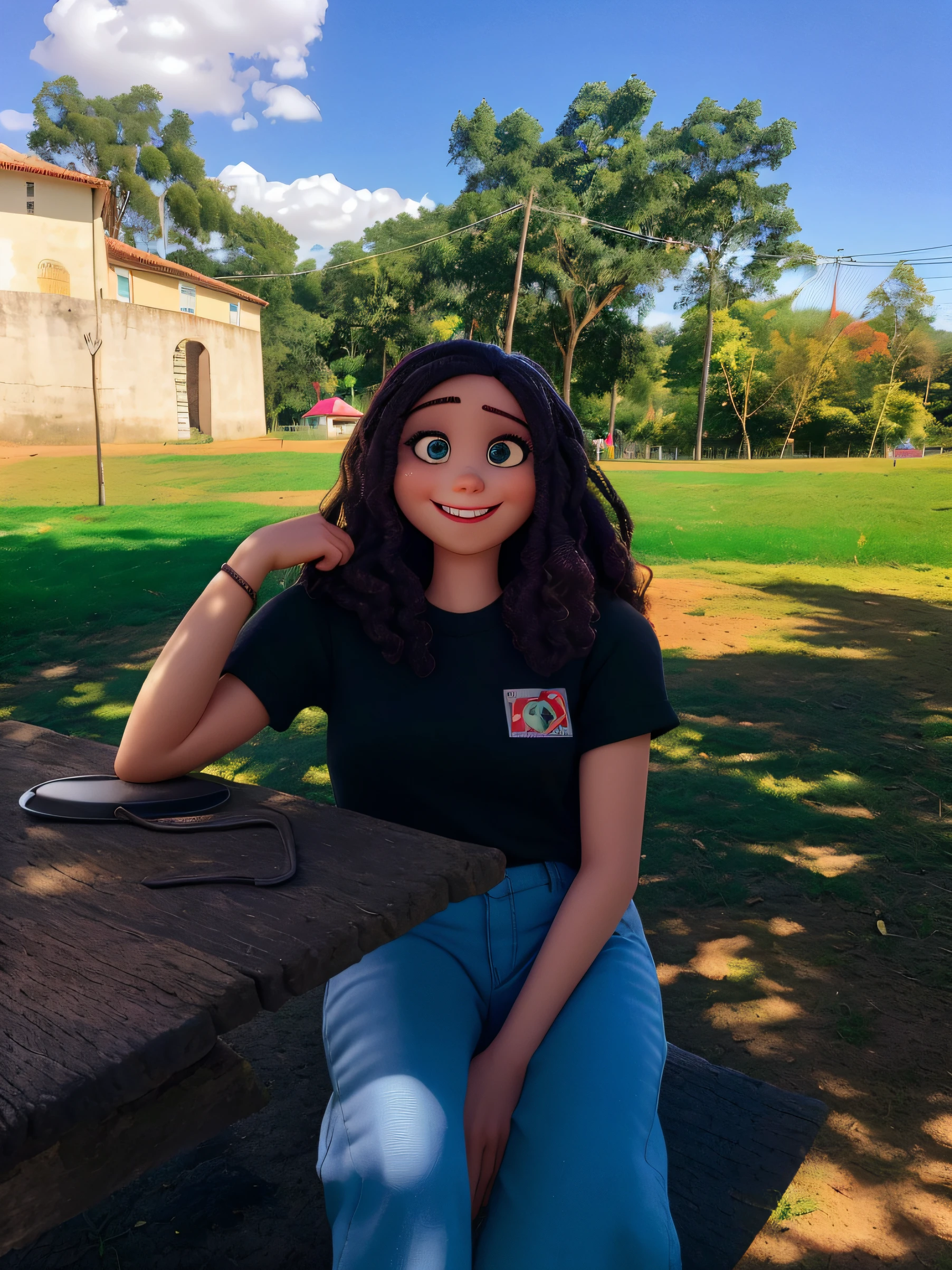 mulher sorridente de olhos fechados, sentada em uma mesa de piquenique em um parque, altamente detalhado, cabelo detalhado, rosto detalhado, OLHOS DETALHADOS