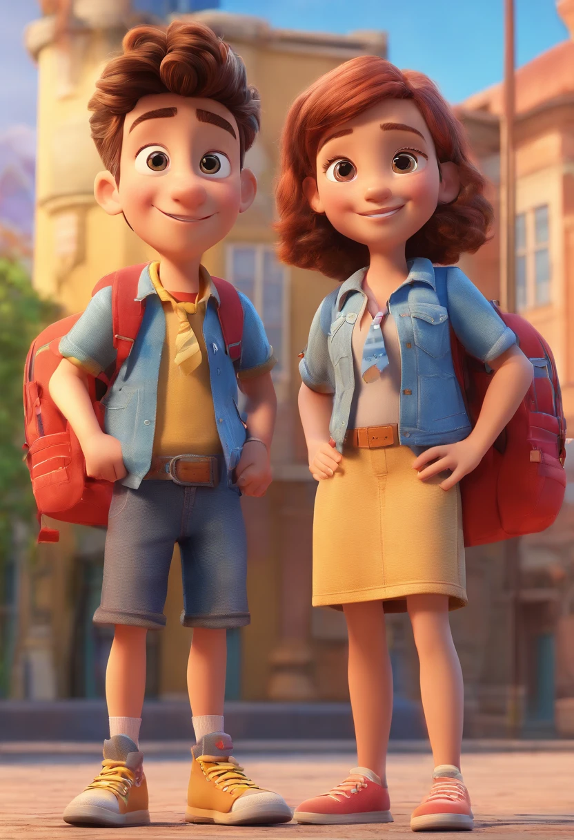 Cartoon of two school kids together, 3D Animation Movie Poster, Poster de filme animado, pixar 3 d animation style, pixar renderman rendering, todos vestindo camisas azuis escuras e jeans claros, Disney Pixar Animation Poster