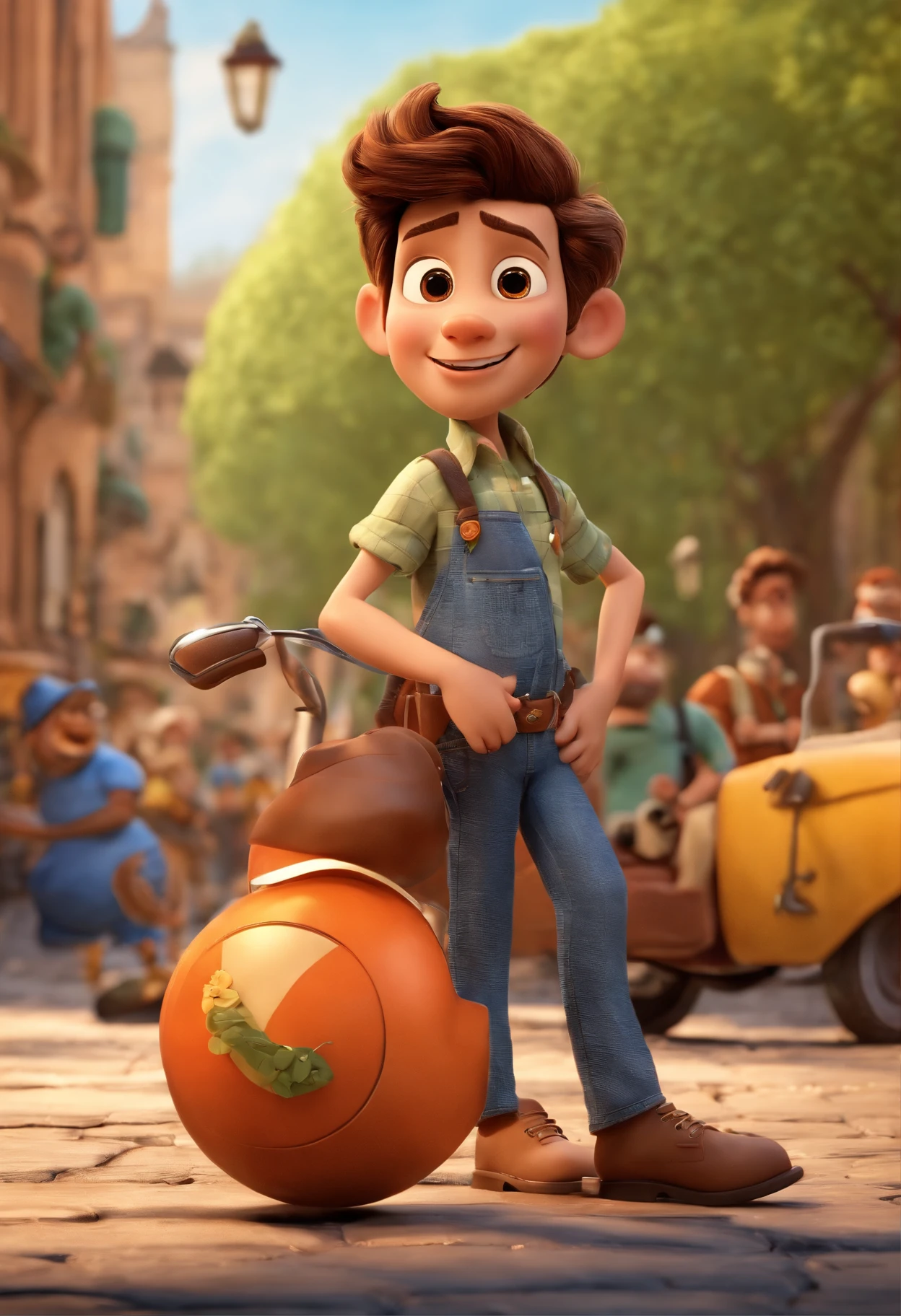 poster em 3D estilo Pixar representando o filme inspirado toy store personagem cut cabelo liso castanhos muito claro bem pouco cabelo, olhos verdes vestindo uma camisa quadriculada em tom laranja, calca jeans , bota na cor caramelo clara,barnet, toon, estilo pixar, 3d, desenhos animados, rosto detalhado, no parque com arvores se flores amarelas