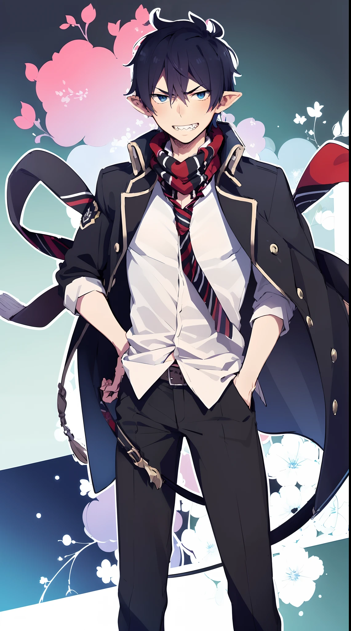 (masterpiece, best quality:1.2), solo, male focus, 1boy, okumura rin, grin, looking at viewer, hands in pockets, blue fire,military uniform, striped necktie, flame-tipped tail, standing, flipflops, rapier holding,sharpteeth,armor, knight, coat, scarf