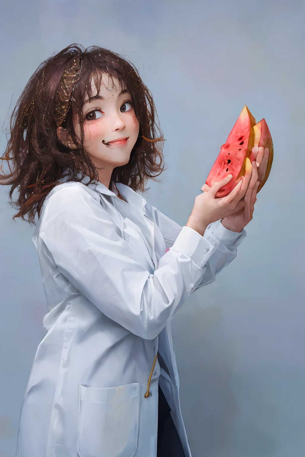 Smiling woman holding a slice of watermelon in her hand, wearing a melon, melancia, material is!!! melancia!!!, fotografia profissional de frutas, Melancias, melancia, mulher bonito, foto retrato, foto comercial, segurando um morango gigante, advertising photo, she is eating a peach, promo photo shoot, Photo Session, photo shoot