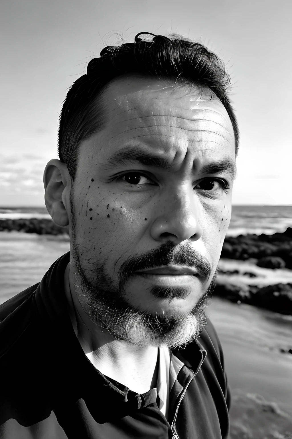 b&w photo of 42 y.o man in black clothes, face, half body, body, high detailed skin, skin pores, coastline, overcast weather, wind, waves, 8k uhd, dslr, soft lighting, high quality, film grain, Fujifilm XT3