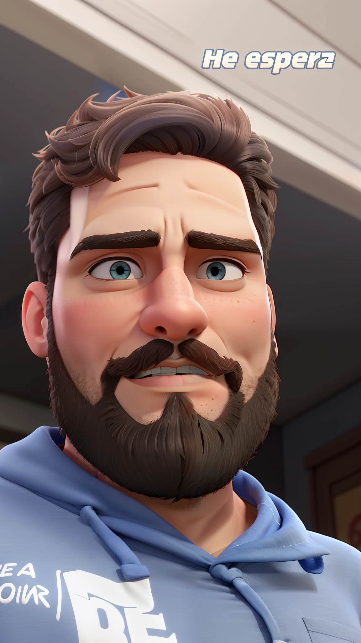 Homem moreno de olhos castanhos, com blusa azul e barba