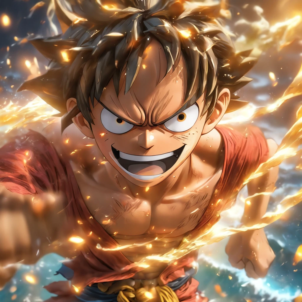(Estilo Pixar) Luffy personagem One pieace, Modelo de personagem em miniatura, em um navio de pirata, fonte de luz da direita para a esquerda, Rum lighting, fonte de luz da direita para a esquerda, (ISO distance vision), (de cima para baixo), Realistic proportions, Post-processing, ((perspectiva ortogonal)), Super Detalhe, Realistic, super realista, dando um soco.
