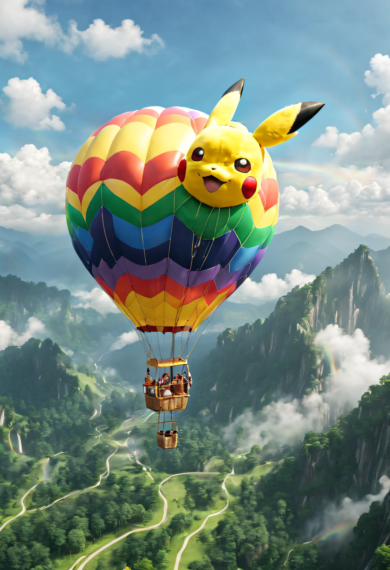 (Pikachu flies over the mountains in a giant rainbow-colored hot air balloon:1.6), [Aerial view], [From above], Photographed in [Large format], [Fujifilm Color Pro], In [Miles Aldrich（Miles Aldrich）style of], (Best quality,4K,8K,A high resolution,Masterpiece:1.2), [Ultra-detailed], [Realistic:1.37], [Vibrant colors], [Bokeh effect], [dreamlike lighting], [enchanting landscape]