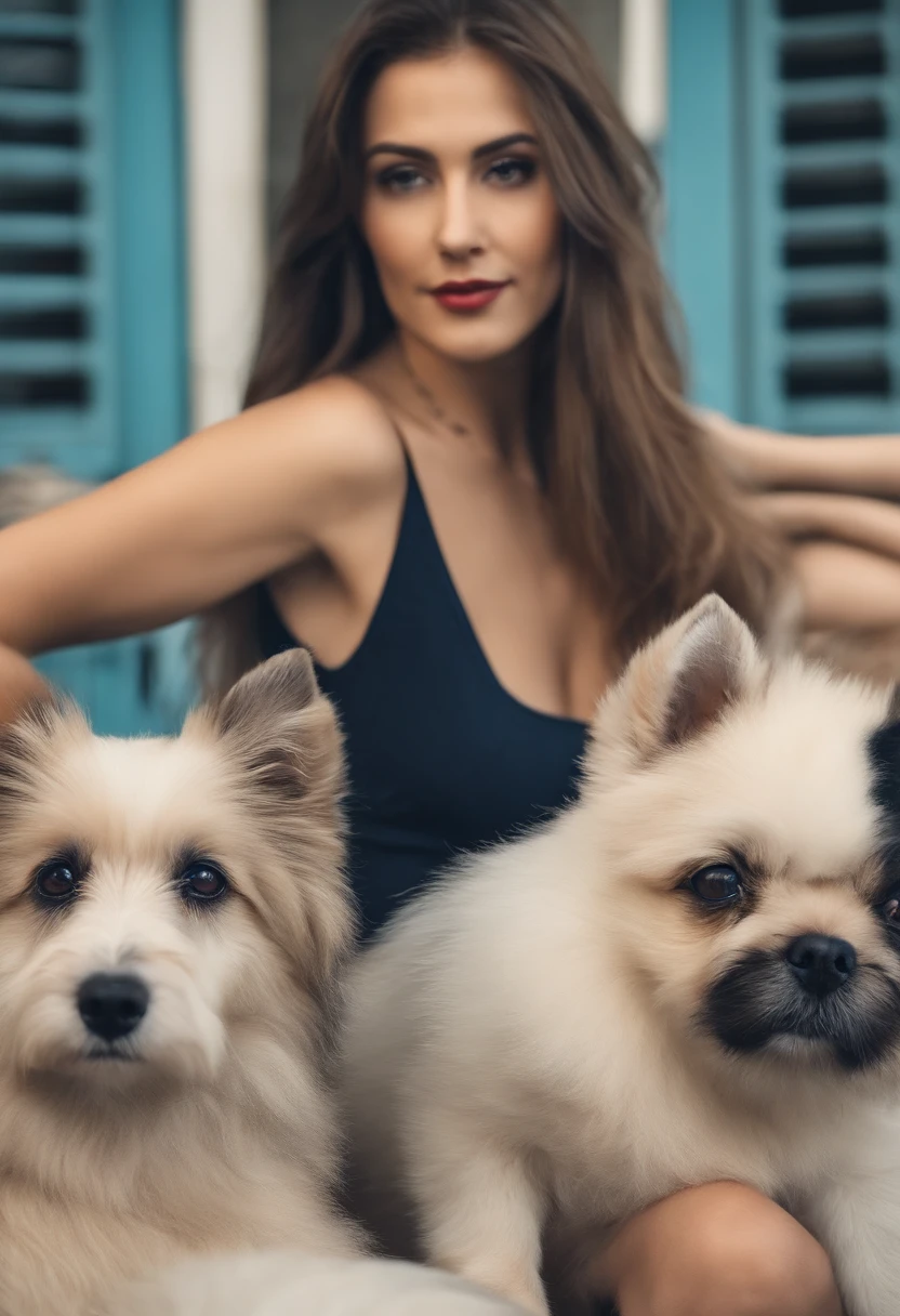 Garota com longos cabelos ruivos, olhos azuis ciano, sentada vendo TV plana com seu cachorro