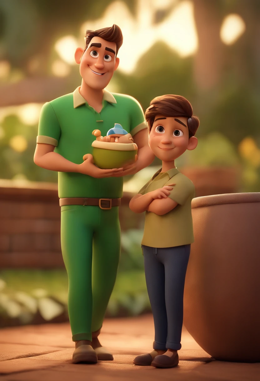 Cartoon character of a man in a green shirt with a baby on his lap in blue clothes, um personagem animado, Caractere estilizado, animation style rendering, 3D estilizado, Arnold Maya render, 3 d render stylized, toon render keyshot, Personagem 3D, Personagem 3D, 3d rendering stylized, 3 d character render, personagem de desenho animado, Personagem de close up, Pose de personagem, (Estilo Pixar) (master part:1.2) (Bokeh) (best quality) (pele detalhada) (textura detalhada) (8k) (argila) (Cinematic lighting) (foco nítido，Senta e vaza a parte superior do corpo
