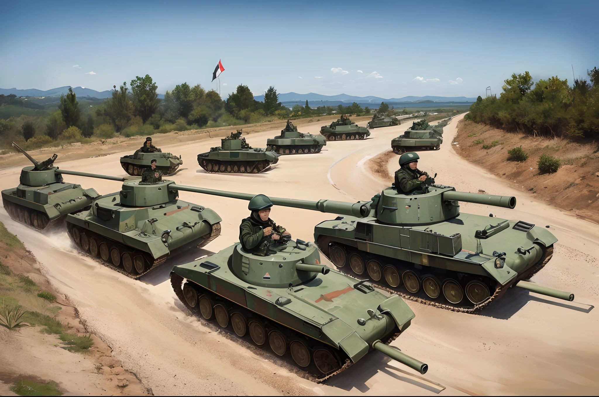 Make an digital in which Muslim countries armies marching towards Gaza with their tanks and aircraft to liberate gaza from Israel and destroying Israel too