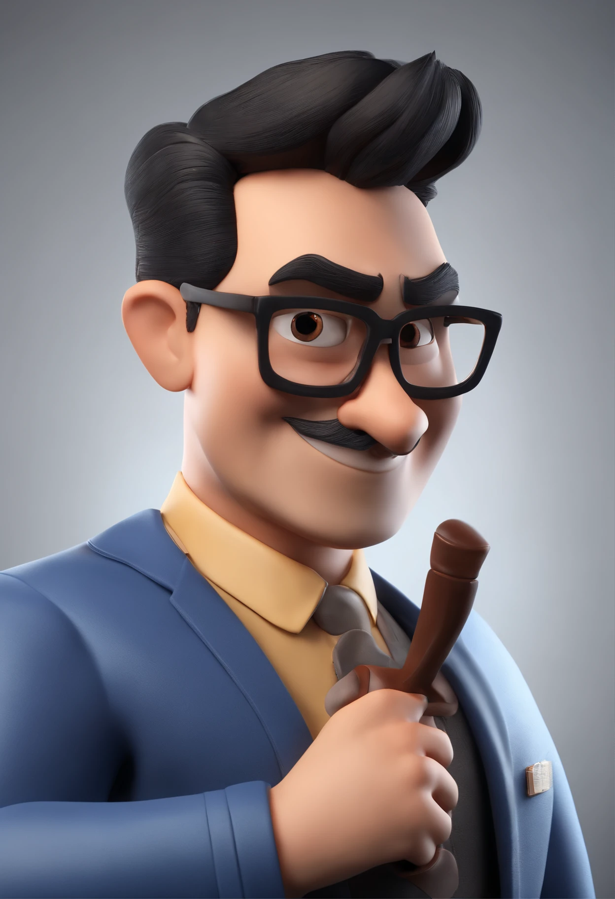 Cartoon character of a man wearing black glasses and a blue shirt, um personagem animado, Caractere estilizado, animation style rendering, 3D estilizado, Arnold Maya render, 3 d render stylized, toon render keyshot, Personagem 3D, Personagem 3D, 3d rendering stylized, 3 d character render, personagem de desenho animado, Personagem de close up, Pose de personagem, (Estilo Pixar) (master part:1.2) (Bokeh) (best quality) (pele detalhada) (textura detalhada) (8k) (argila) (Cinematic lighting) (foco nítido，Senta e vaza a parte superior do corpo