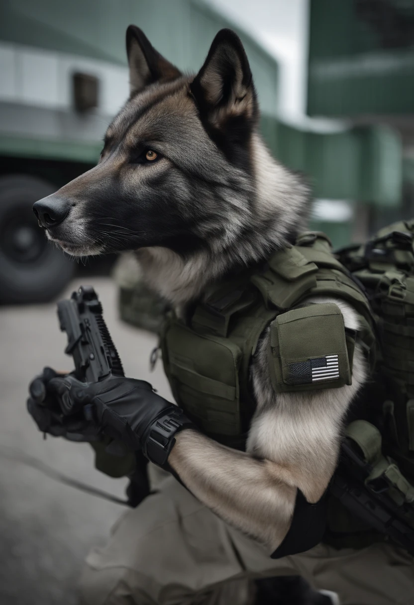 Black and white colored wolf is wearing modern American military gear and vest, segurando a arma m4a4. Na foto, It is not visible from the waist down, The background is blurred and there is a green Special Forces/SWAT Vehicle in the Background. The atmosphere is hazy. There are tall, gray, stuffy buildings in the background