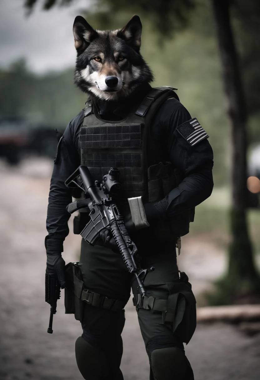 Black and white colored wolf is wearing modern American military gear and vest, segurando a arma m4a4. Na foto, It is not visible from the waist down, The background is blurred and there is a green Special Forces/SWAT Vehicle in the Background.  The atmosphere is hazy.  There are tall, gray, stuffy buildings in the background