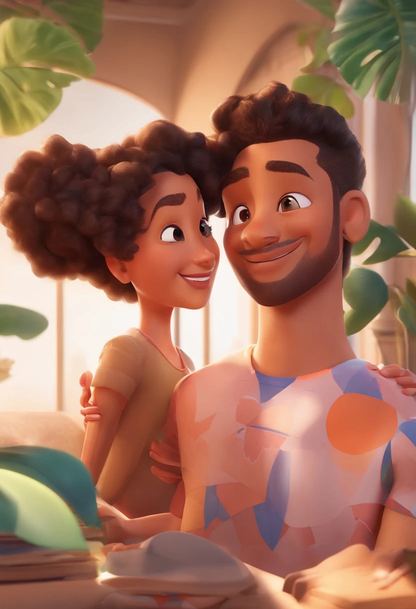 An illustration of an adorable couple, Highlighting a mulatto man and a white woman with beautiful expressive eyes – the mulatto man's skin and hair are straight and black, barba grande, while the woman's skin is brown and the woman's hair is straight, longo e preto. They are a bright room, cada um com um sorriso no rosto, e compartilhar um momento especial caracterizado pelo amor, Insights. Illustrate this scene from a perspective where they are facing the camera, Smiling and Showing Your Connection. Desenvolva esta arte em Full HD, Focus on your cinematic touch, Estilo Disney Pixar Animations