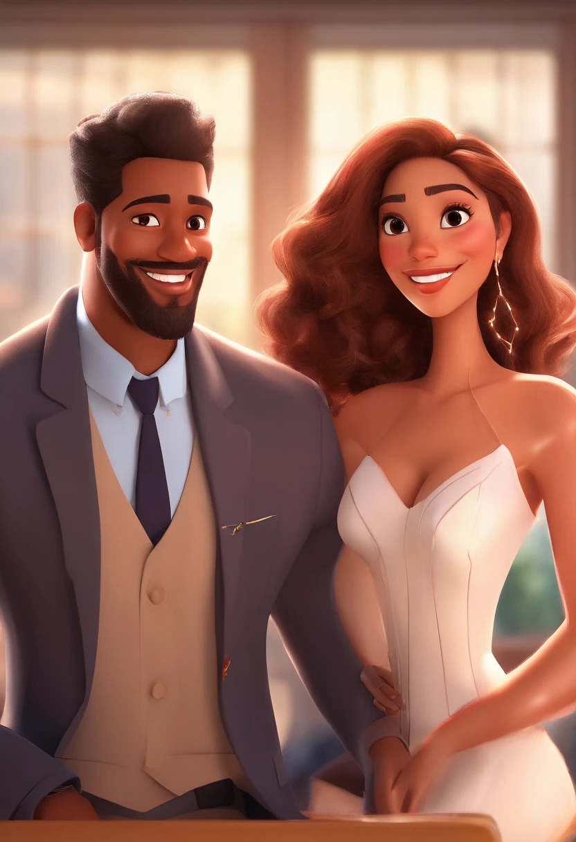 An illustration of an adorable couple, Highlighting a mulatto man and a white woman with beautiful expressive eyes – the mulatto man's skin and hair are straight and black, barba grande, while the woman's skin is brown and the woman's hair is straight, longo e preto. They are a bright room, cada um com um sorriso no rosto, e compartilhar um momento especial caracterizado pelo amor, Insights. Illustrate this scene from a perspective where they are facing the camera, Smiling and Showing Your Connection. Desenvolva esta arte em Full HD, Focus on your cinematic touch, Estilo Disney Pixar Animations