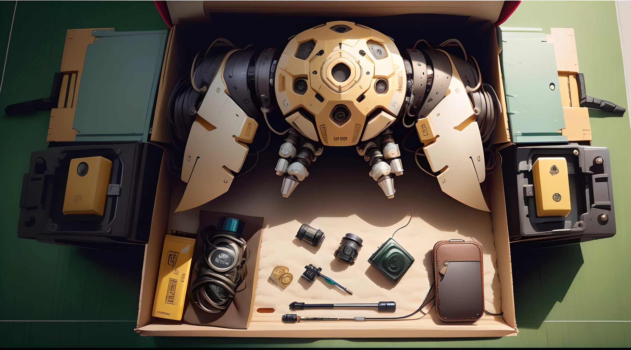 there is a green cvape and a black case on a furry rug, the shape is box, # oc, #oc, nostalgic vibes, flat lay, kit, full product shot, mod, holding a small vape, detailed wide shot, top view, nano, thicc build, one disassembled, full body! shot, nano parts, many parts, #green