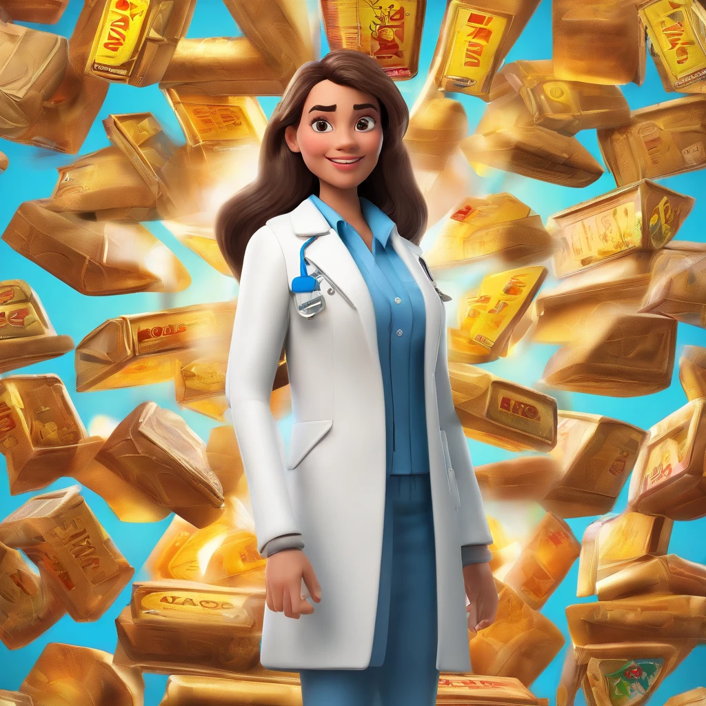 Crie um cartaz inspirado na Disney Pixar com o personagem Mulher estilo disney pixar, alta qualidade, mulher de 45 anos, He's wearing a white coat, soriso no rosto, farmaceutica, cabelo medio na altura do ombro, com mechas loira, olhos castanhos pele clara, sobrancelhas na cor marrom escuro, mulher esta em frente uma prateleira de medicamentos , em uma drogaria