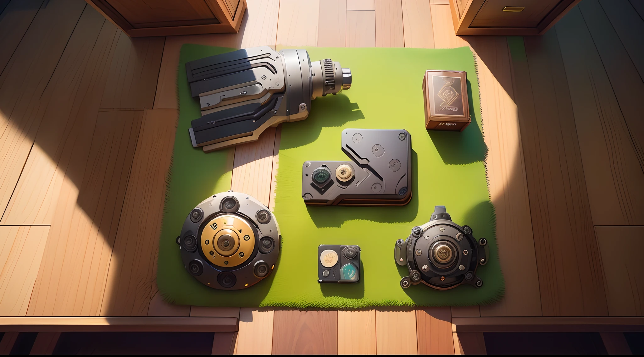 there is a green cvape and a black case on a furry rug, the shape is box, # oc, #oc, nostalgic vibes, flat lay, kit, full product shot, mod, holding a small vape, detailed wide shot, top view, nano, thicc build, one disassembled, full body! shot, nano parts, many parts, #green