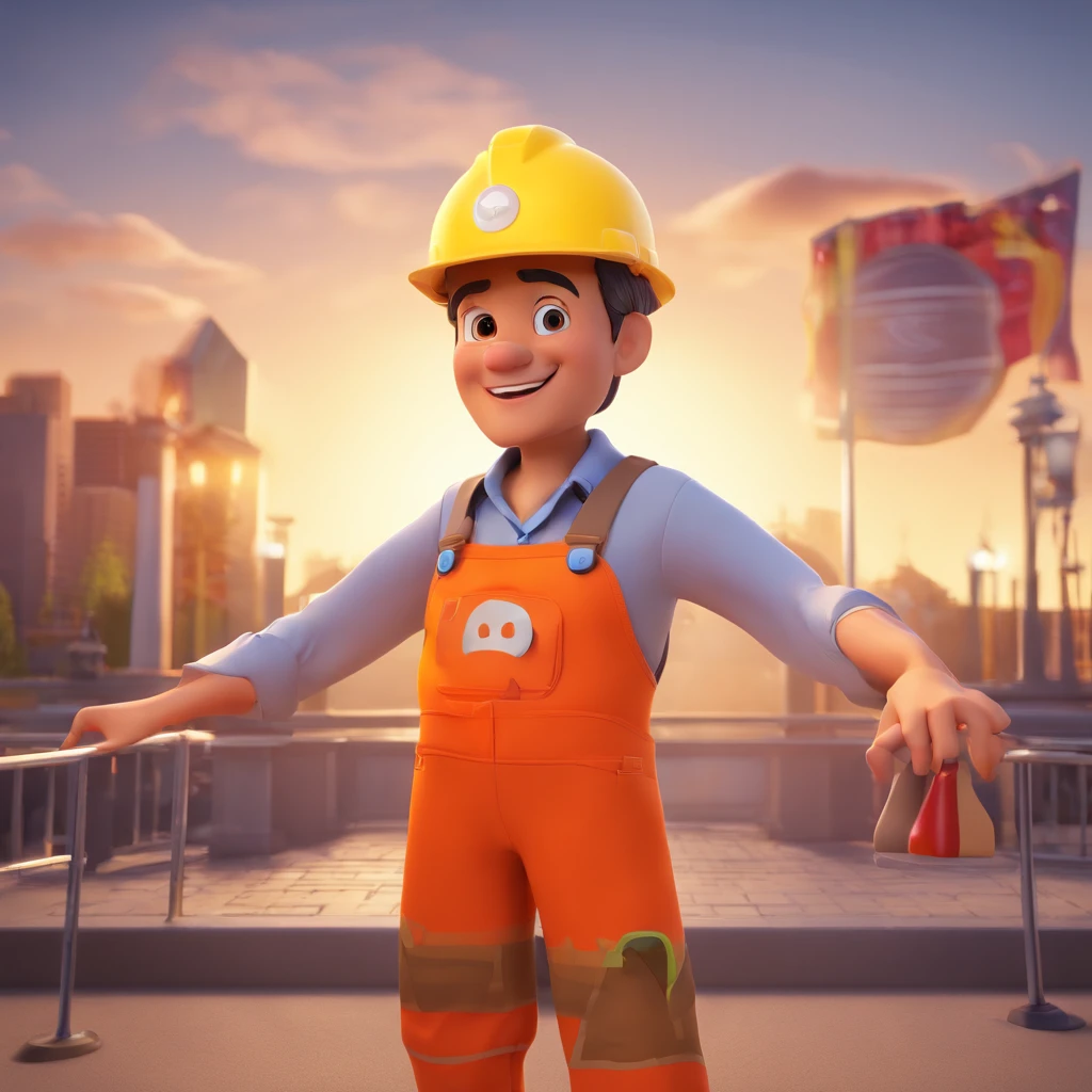 Crie um cartaz inspirado na Disney Pixar,engenheiro eletricista, branco, 47 anos, Wearing a button-down blouse, Orange construction helmet, em cima de escada , pole-supported for street lighting , changing an LED bulb ,em uma rua da cidade, in the nighttime