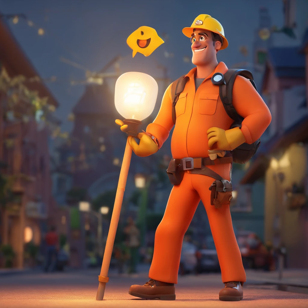 Crie um cartaz inspirado na Disney Pixar,engenheiro eletricista, branco, 47 anos, Wearing a button-down blouse, Orange construction helmet, em cima de escada , pole-supported for street lighting , changing an LED bulb ,em uma rua da cidade, in the nighttime