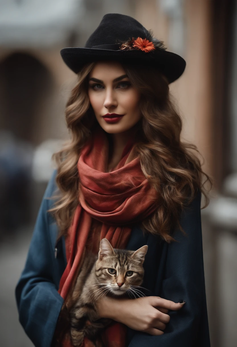 Cat painting on hat and scarf, Trendy at the art station, punk vestido, detailed hyper-realistic rendering, British gang members, estilo de rua, pose intimidadora, planeta dos gatos, Roupas da moda, samurai urbano, miau, West Slavic features, 8 1 5