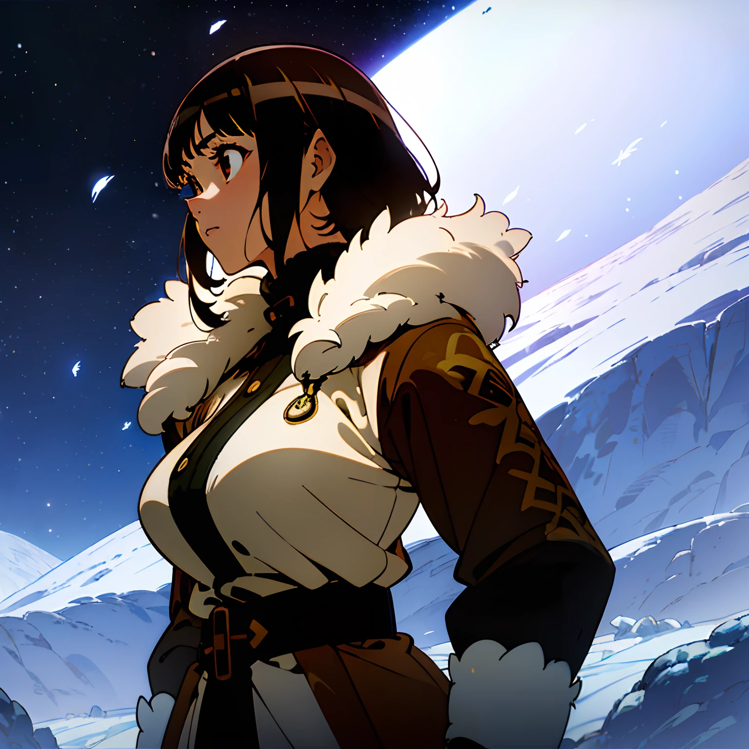 ((Masterpiece, solo, snow, upper body, blizzard)), anime girl walking on mountaintop in snow, snowstorm, nighttime, aurora borealis, rocks, looking to the side, blank expression, falling snow, ((slim body, brown wraps, eskimo clothes, fur lining, tattoos, tribal pattern, dark skin, black hair, brown eyes, short hair, large breasts, fur boots, fur sleeves, gloves, belts, mitts, patterned leggings, hunting gear, face painting)), feathers