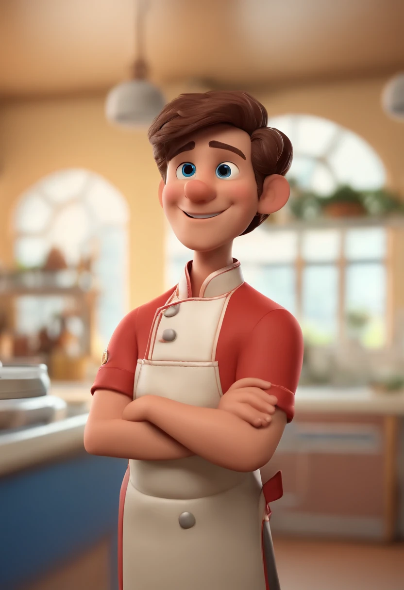 personagem dos desenhos animados de um um coelho branco de corpo inteiro com um grande e largo sorriso com os dentes superiores aparentes, grandes olhos azuis, grandes orelhas, wearing a chef's hat on his head, Wearing a chef's dolman in red maple color with chrome buttons, animation character, Caractere estilizado, animation style rendering, 3D estilizado, Arnold Maya render, 3 d render stylized, toon render keyshot, Personagem 3D, Personagem 3D, 3d rendering stylized, 3 d character render, personagem de desenho animado, Personagem de close up, Pose de personagem, (Estilo Pixar) (master part:1.2) (Bokeh) (best quality) (pele detalhada) (textura detalhada) (8k) (argila) (Cinematic lighting) (foco nítido