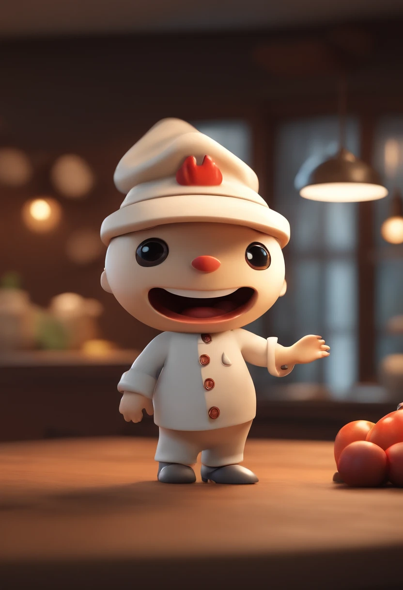 personagem dos desenhos animados de um um coelho branco de corpo inteiro com um grande e largo sorriso com os dentes superiores aparentes, grandes olhos azuis, grandes orelhas, wearing a chef's hat on his head, Wearing a chef's dolman in red maple color with chrome buttons, animation character, Caractere estilizado, animation style rendering, 3D estilizado, Arnold Maya render, 3 d render stylized, toon render keyshot, Personagem 3D, Personagem 3D, 3d rendering stylized, 3 d character render, personagem de desenho animado, Personagem de close up, Pose de personagem, (Estilo Pixar) (master part:1.2) (Bokeh) (best quality) (pele detalhada) (textura detalhada) (8k) (argila) (Cinematic lighting) (foco nítido