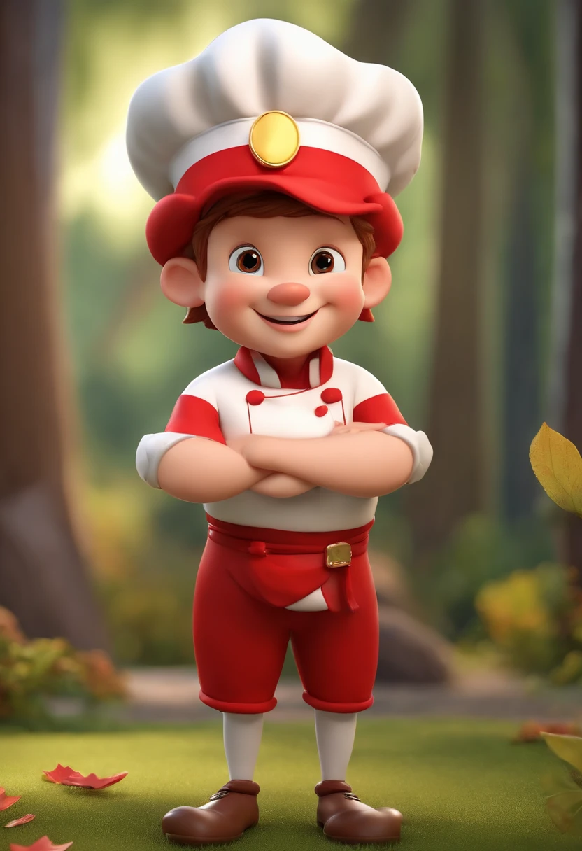 personagem dos desenhos animados de um um coelho branco de corpo inteiro com um grande e largo sorriso com os dentes superiores aparentes, grandes olhos azuis, grandes orelhas, wearing a chef's hat on his head, Wearing a chef's dolman in red maple color with chrome buttons, animation character, Caractere estilizado, animation style rendering, 3D estilizado, Arnold Maya render, 3 d render stylized, toon render keyshot, Personagem 3D, Personagem 3D, 3d rendering stylized, 3 d character render, personagem de desenho animado, Personagem de close up, Pose de personagem,  (Estilo Pixar) (master part:1.2) (Bokeh) (best quality) (pele detalhada) (textura detalhada) (8k) (argila) (Cinematic lighting) (foco nítido