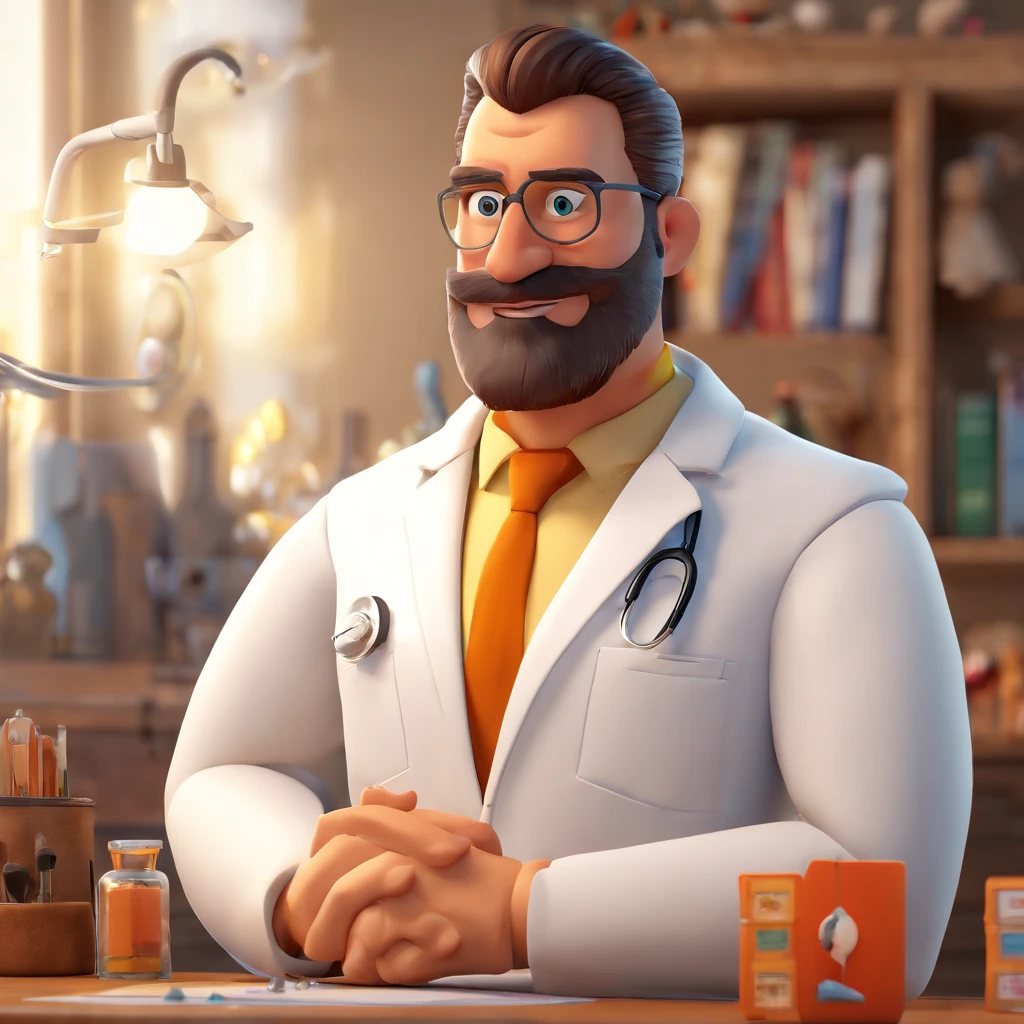 Make a Pixar Style Realistic Poster of 3D Animation. O personagem tem barba, cabelos curtos penteados para o lado esquerdo, wearing a white doctor's coat, Gold watch on the right wrist, Has an Arabian face, 8k