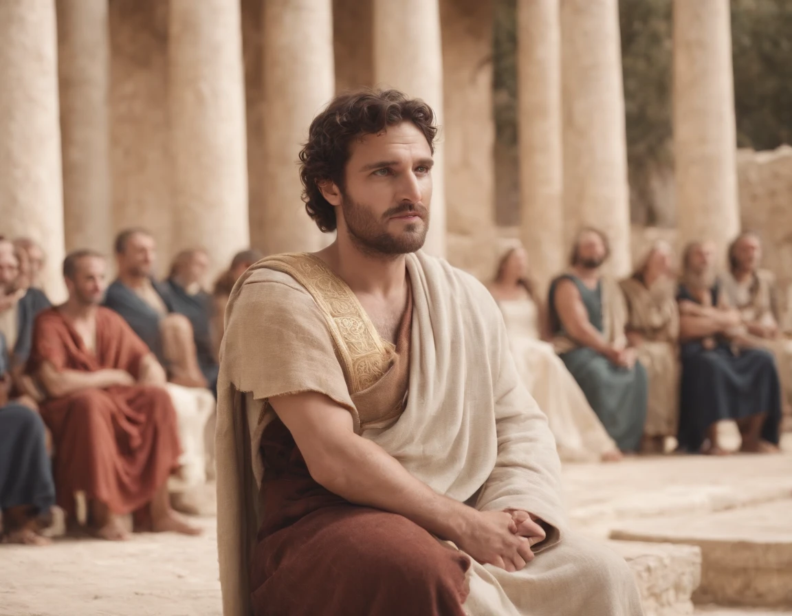 A Man Orator in Ancient Greece Speaking to a Seated Crowd. Ancient and classic pre-Christ garments