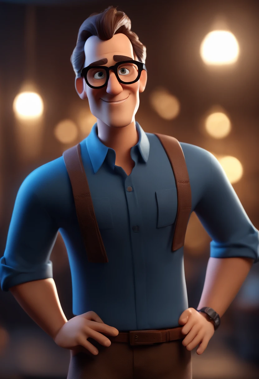 Cartoon character of a man with black glasses and a blue shirt, animation character, Caractere estilizado, animation style rendering, 3D estilizado, Arnold Maya render, 3 d render stylized, toon render keyshot, Personagem 3D, Personagem 3D, 3d rendering stylized, 3 d character render, personagem de desenho animado, Personagem de close up, Pose de personagem, (Estilo Pixar) (master part:1.2) (Bokeh) (best quality) (pele detalhada) (textura detalhada) (8k) (argila) (Cinematic lighting) (foco nítido