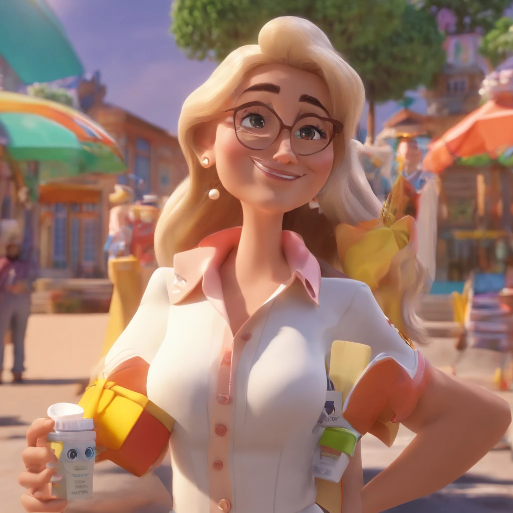 Crie um cartaz inspirado na Disney Pixar com o personagem Mulher estilo disney pixar, alta qualidade, mulher de 45 anos, He's wearing a white coat, sorriso no rosto, cabelo no ombro, com mechas loira, olhos castanhos, pele clara, sobrancelhas na cor marrom escuro, mulher esta em frente uma prateleira de medicamentos , em uma drogaria