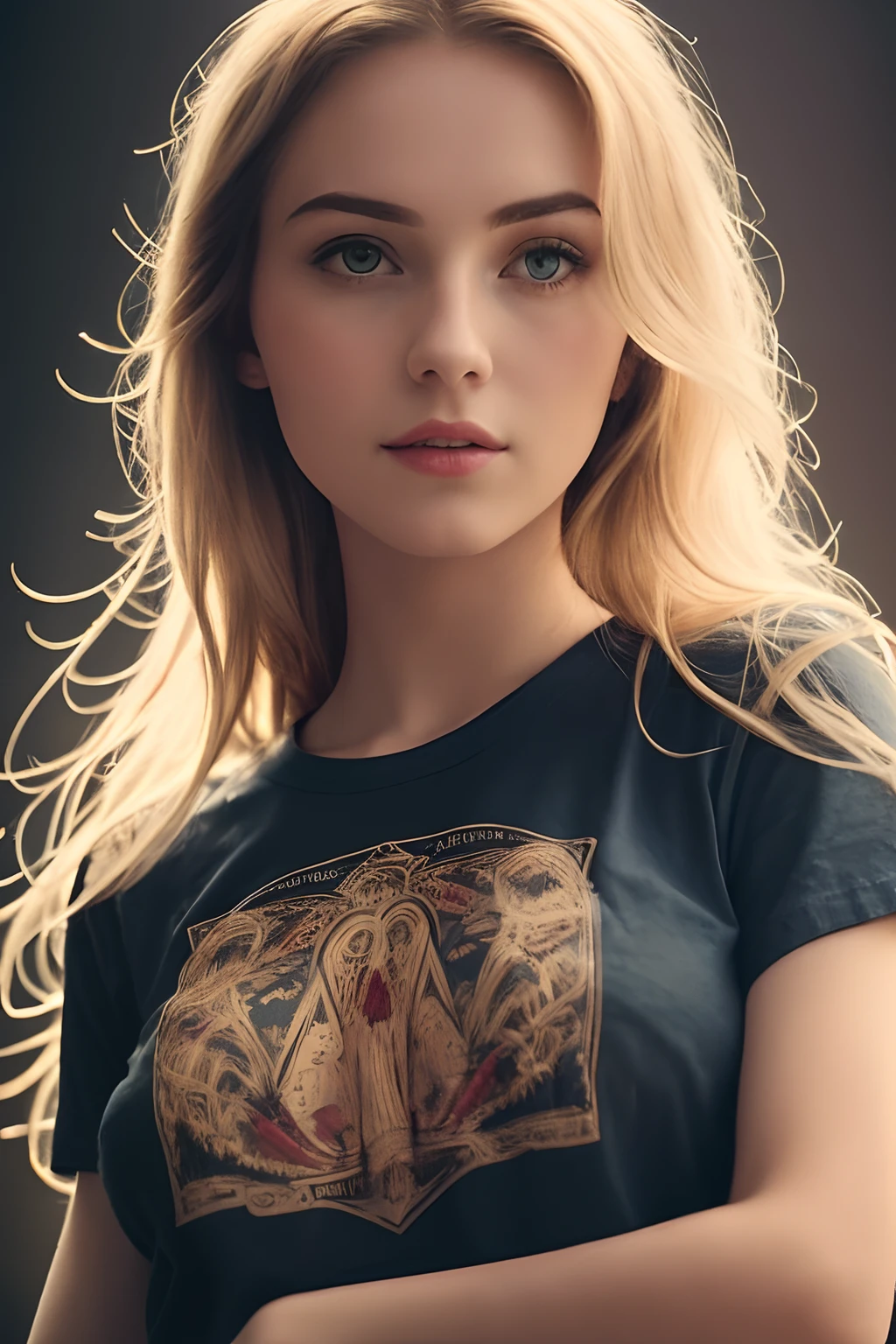 masterpiece, best quality, cinematic photo,  anatomically correct,
digital artwork illustration ,
innocent 20yo  woman, pale skin,
polish,
pronounced feminine features,
(stretching),
t-shirt,
straight blonde hair,
large breasts,


(cosmic background),
dark illustration style,
(8k, dynamic composition, photorealistic, sharp focus), elaborate background, cinematic, rule of thirds,
backlight,

film grain,
intricate details,
fine details,