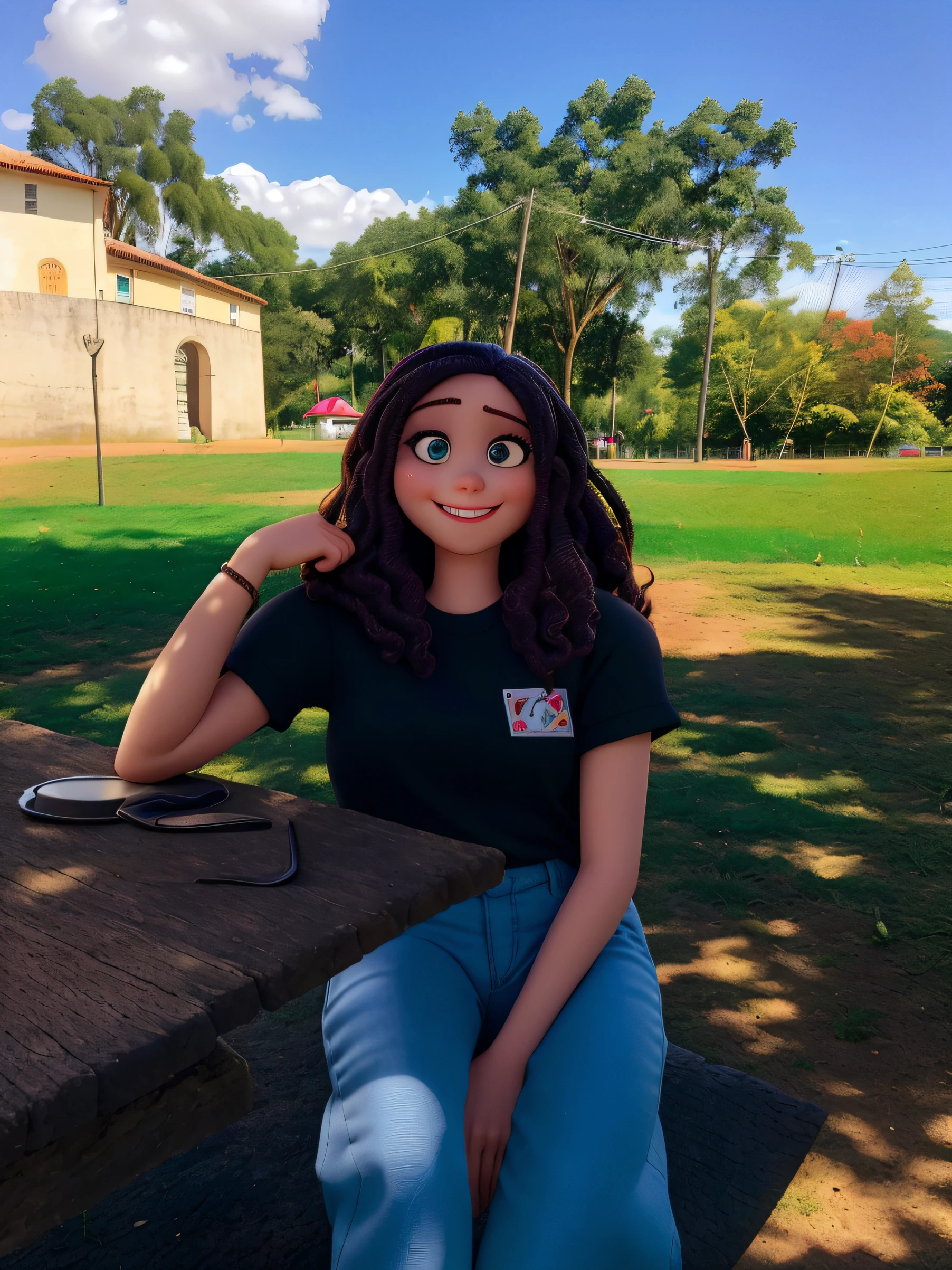 mulher sorridente de olhos fechados, sentada em uma mesa de piquenique em um parque, altamente detalhado, cabelo detalhado, rosto detalhado, OLHOS DETALHADOS, cabelo castanho