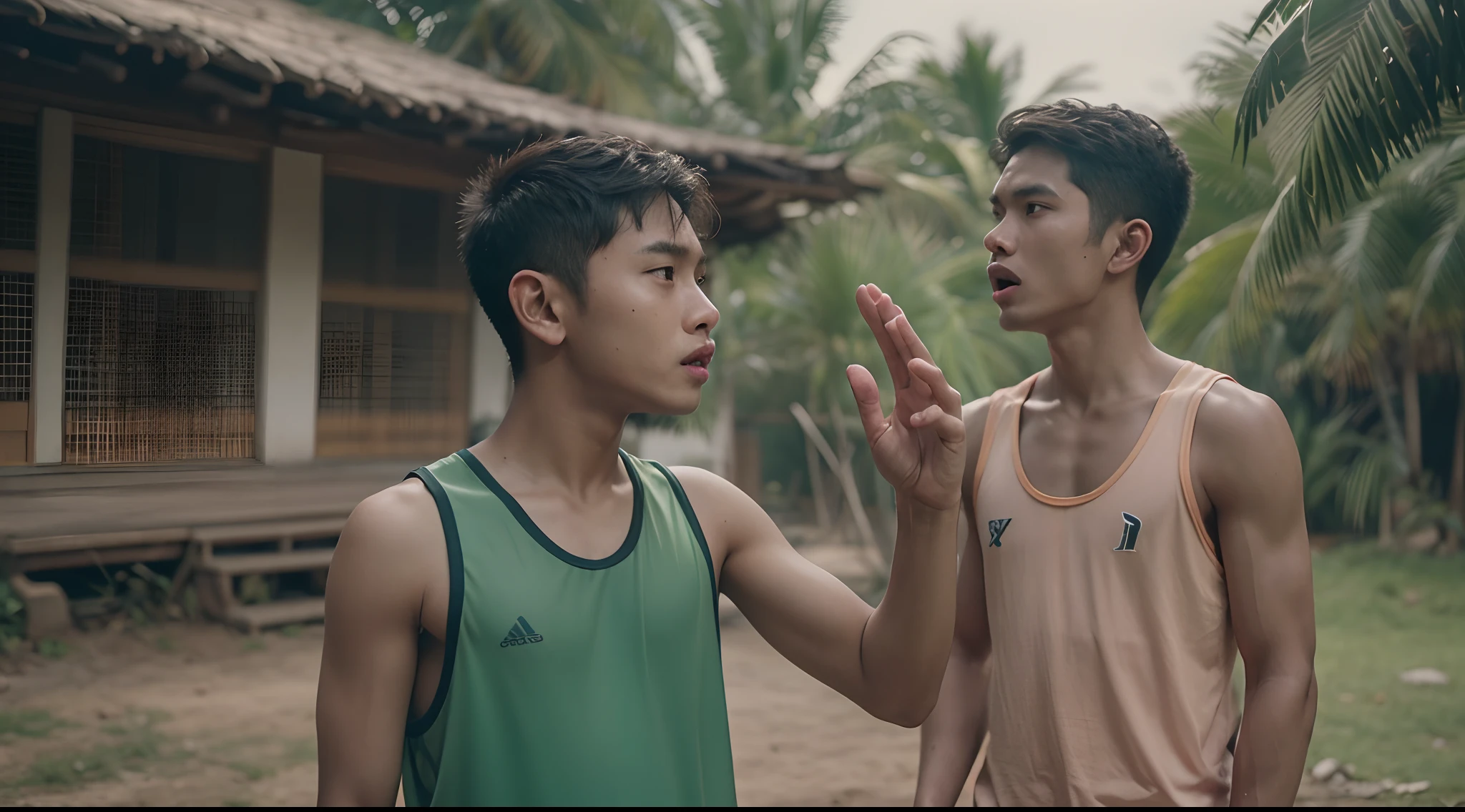 a film still of 2 dark skin young malay boy in sport attire having an argument in malay village, raise hand, photo taken using Panavision DXL2, 28mm lens, Establishing shot, muted color grading, cinemascope, drama, high quality, ultra detailed, 8k resolution,