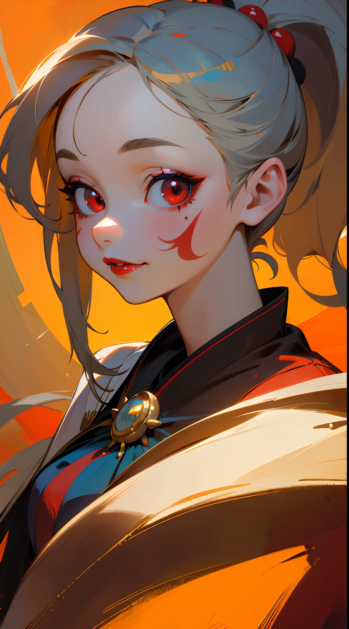Oil Painting,Photography,Portraits,landscape,Colorful,Bright lighting,16-year-old girl,Pale golden hair flowing in a ponytail,Innocent and pure smile, Big round red eyes that can melt your heart、A slight smil、Laugh,small tits, Dressed as a court jester, Capricious and mischievous, She wears traditional clown makeup with white face paint and dark red lips, zora々It creates a contrast between innocence and mystery in the depths of the eyes、It expresses the beauty and complexity of childhood、It is a combination of vivid illustration and photorealistic oil painting techniques, Create a sense of depth and texture. The details of the artwork are incredibly intricate and precise, Highlight all brush strokes and fine lines, The colors of the work are vivid and dynamic, With a wide range of shades that evoke warmth and playfulness. The lighting of the scene is bright and cheerful, Lighten the girl's face