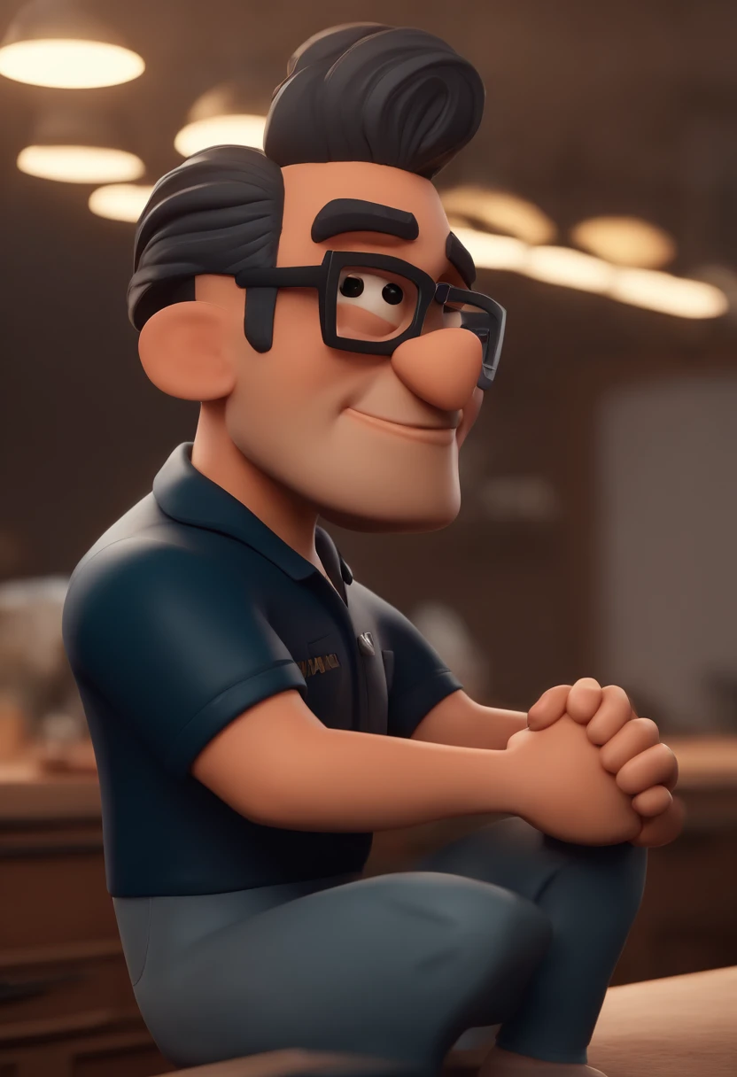 Cartoon character of a man with black glasses and a black polo shirt, cabelo liso, With beard and old school tattoo on his arm, animation character, Caractere estilizado, animation style rendering, 3D estilizado, Arnold Maya render, 3 d render stylized, toon render keyshot, Personagem 3D, Personagem 3D, 3d rendering stylized, 3 d character render, personagem de desenho animado, Personagem de close up, Pose de personagem, (Estilo Pixar) (master part:1.2) (Bokeh) (best quality) (pele detalhada) (textura detalhada) (8k) (argila) (Cinematic lighting) (foco nítido