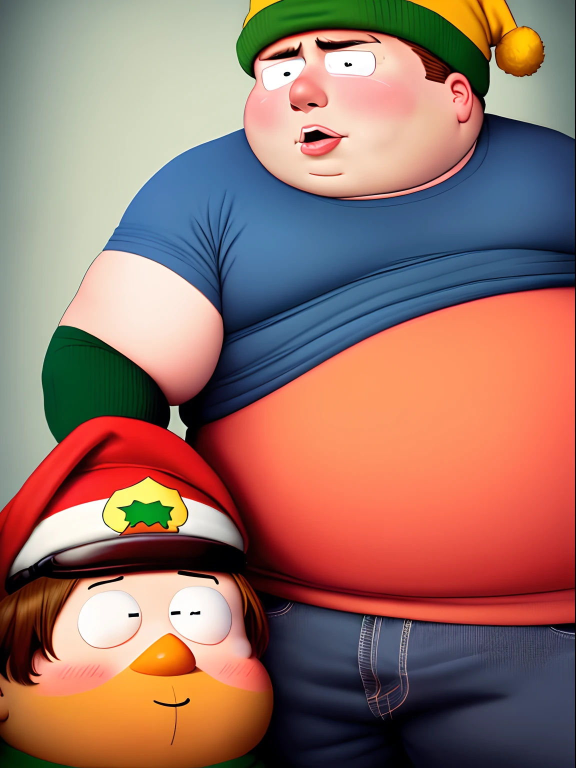 Pixar 3D drawing of two fat fully nude ladies, and a skinny girl in white hats and no swimsuits