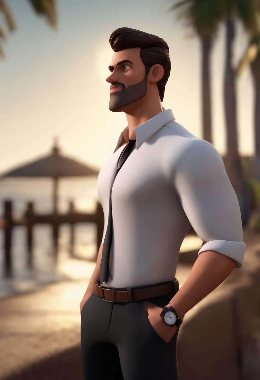 Cartoon character of a dark brunette man wearing white shirt and black pants, silver watch, rosto quadrado, um personagem animado, Caractere estilizado, animation style rendering, 3D estilizado, Arnold Maya render, 3 d render stylized, toon render keyshot, Personagem 3D, Personagem 3D, 3d rendering stylized, 3 d character render, personagem de desenho animado, Personagem de close up, Pose de personagem, (Estilo Pixar) (master part:1.2) (Bokeh) (best quality) (pele detalhada) (textura detalhada) (8k) (argila) (Cinematic lighting) (foco nítido,Senta e vaza a parte superior do corpo
