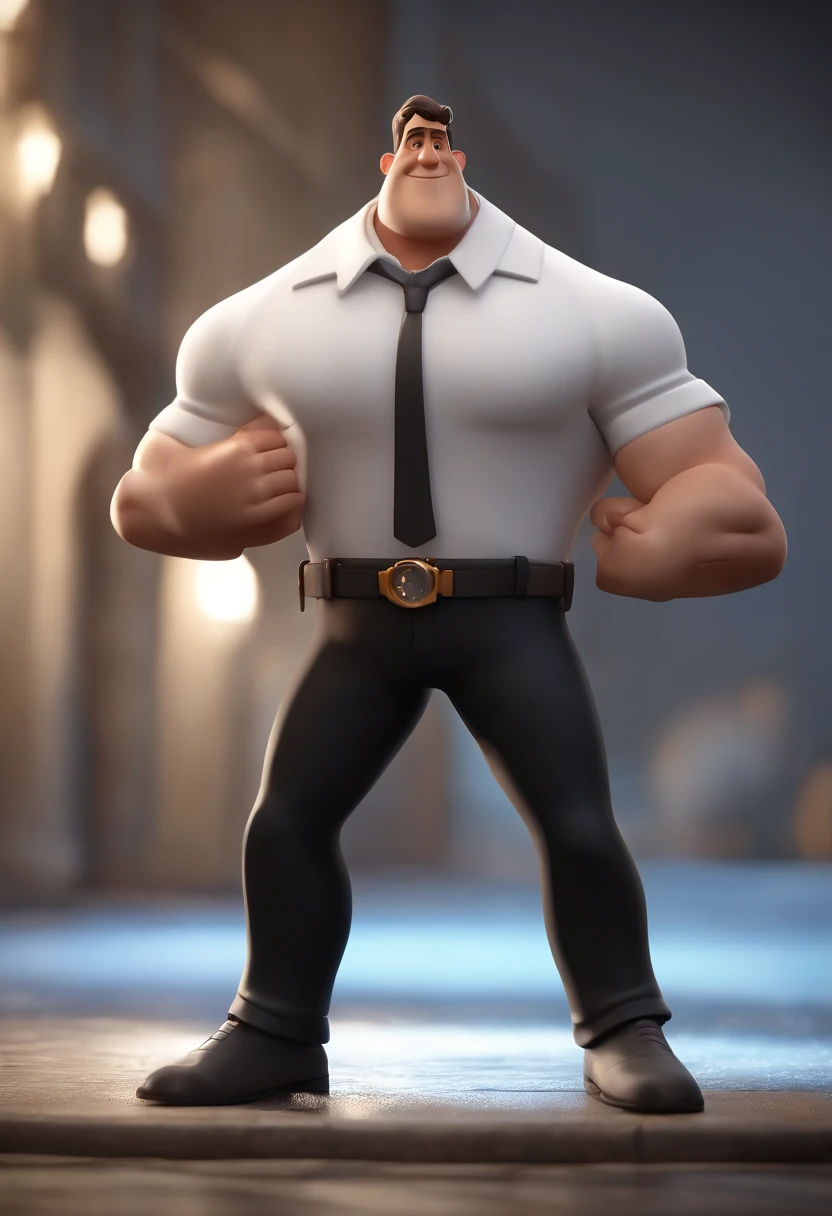Cartoon character of a dark brunette man wearing white shirt and black pants, silver watch, rosto quadrado, um personagem animado, Caractere estilizado, animation style rendering, 3D estilizado, Arnold Maya render, 3 d render stylized, toon render keyshot, Personagem 3D, Personagem 3D, 3d rendering stylized, 3 d character render, personagem de desenho animado, Personagem de close up, Pose de personagem, (Estilo Pixar) (master part:1.2) (Bokeh) (best quality) (pele detalhada) (textura detalhada) (8k) (argila) (Cinematic lighting) (foco nítido，Senta e vaza a parte superior do corpo