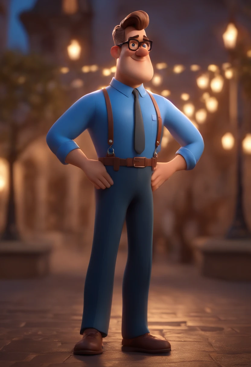 Cartoon character of a man wearing black glasses and a blue shirt, um personagem animado, Caractere estilizado, animation style rendering, 3D estilizado, Arnold Maya render, 3 d render stylized, toon render keyshot, Personagem 3D, Personagem 3D, 3d rendering stylized, 3 d character render, personagem de desenho animado, Personagem de close up, Pose de personagem, (Estilo Pixar) (master part:1.2) (Bokeh) (best quality) (pele detalhada) (textura detalhada) (8k) (argila) (Cinematic lighting) (foco nítido,Senta e vaza a parte superior do corpo