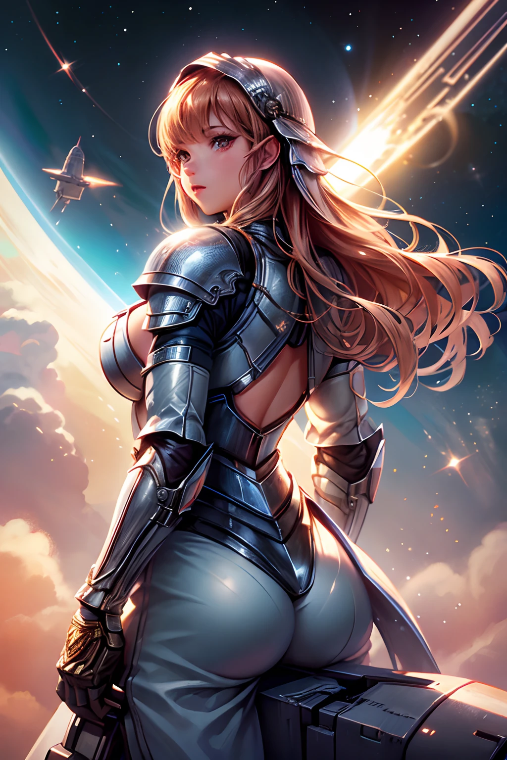 Top quality, ultra high resolution, (photorealistic: 1.4), jumpsuit, sci-fi space background, circuit plate mail, big breasts, back arms, realistic world, outdoors, light hair, armour, space, knight,