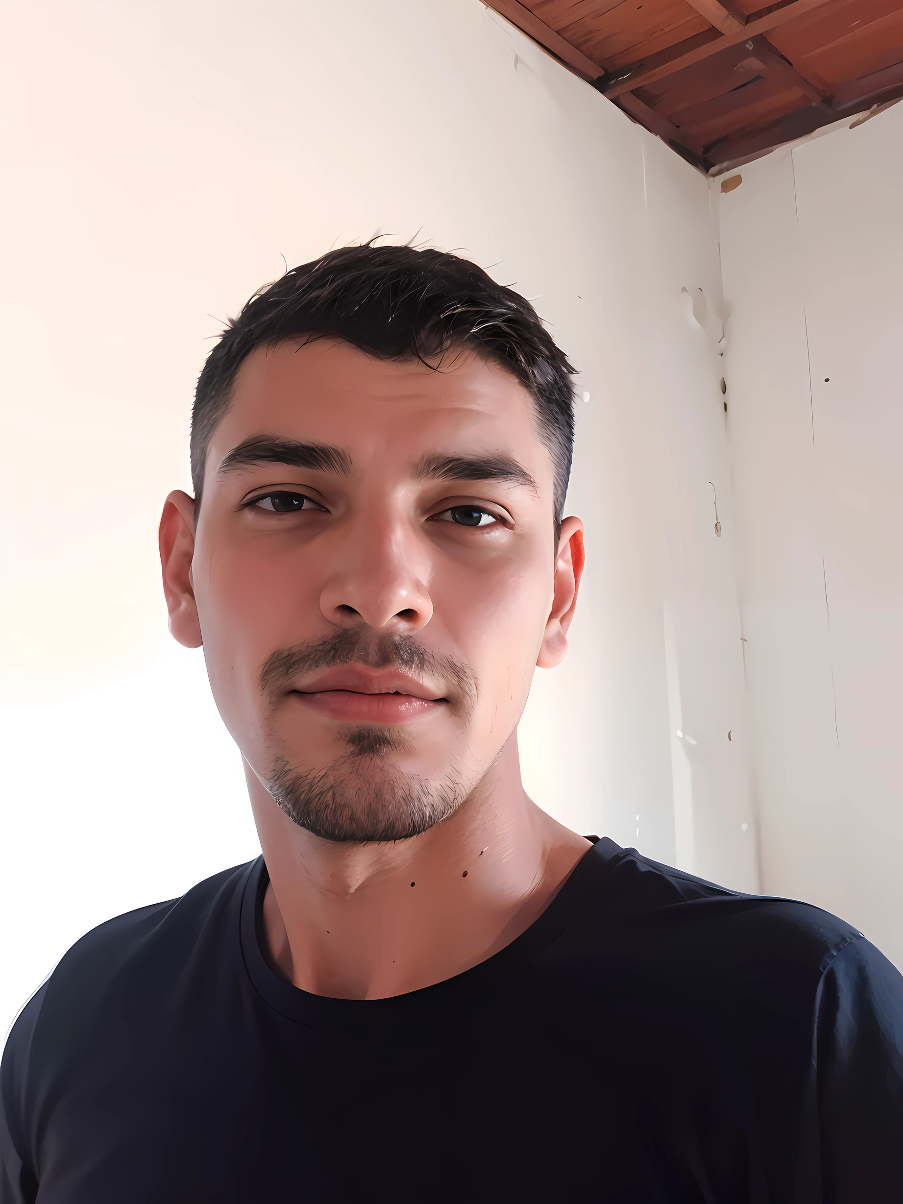 Rapaz de cabelo preto, camisa preta logo atras uma parede branca