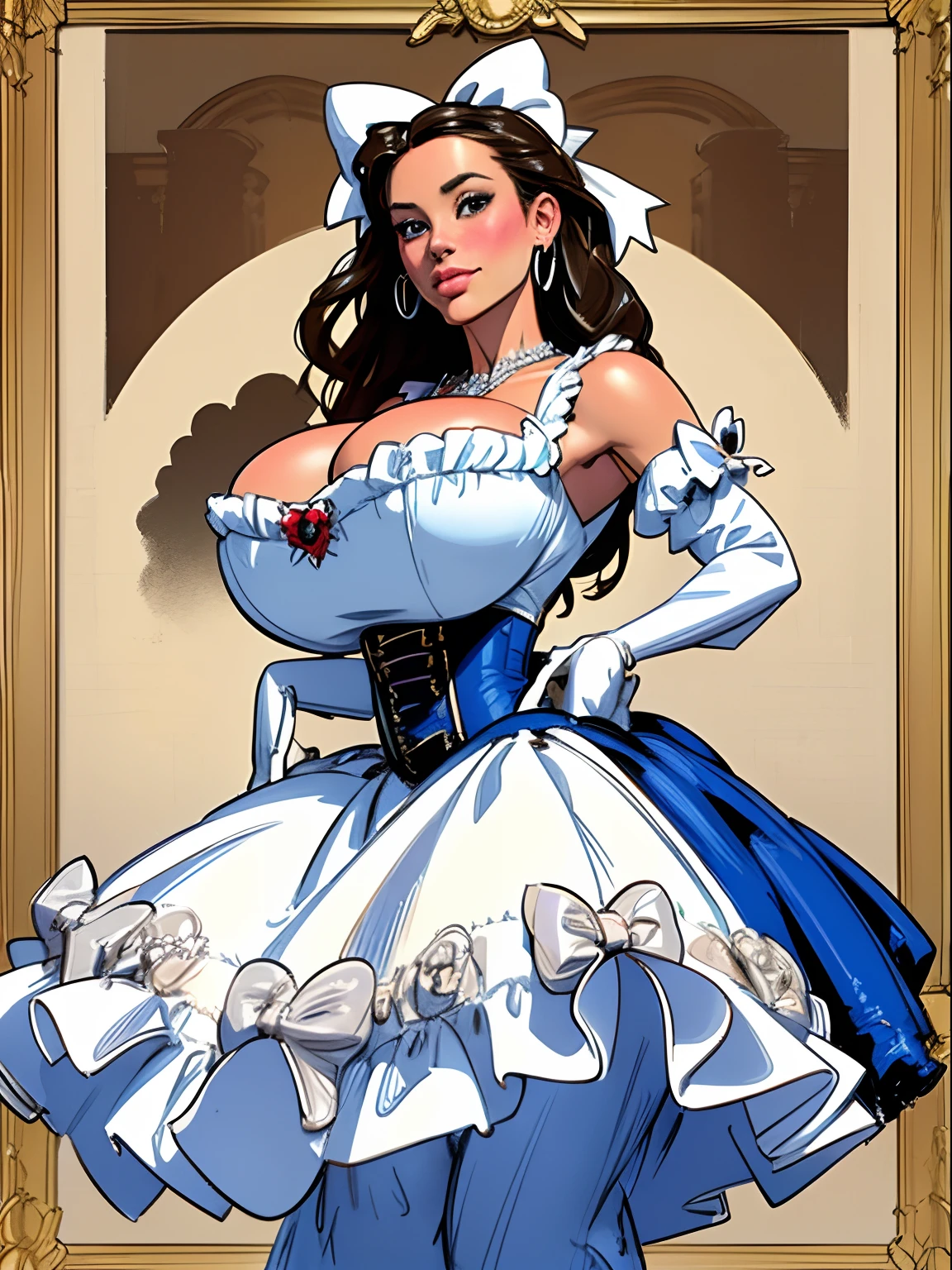 John Tenniel art, frustrated Greer Grammer wearing a stately and elaborate Cinderella ballgown of white satin and tulle adorned with large satin poufs, (((huge ribbon bows))), rosebuds, embroidery and jewels, (gigantic breasts:1.3) with (((enormous puffed sleeves))), an hourglass waist, and a (((voluminous crinoline hoopskirt))), (((bustle))),   long white gloves, pearl and diamond necklace and earrings, elaborately curled and styled hair
