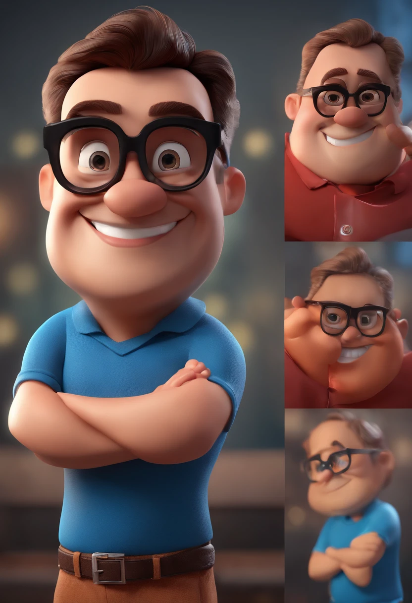Cartoon character of a man with black glasses and a blue shirt, animation character, Caractere estilizado, animation style rendering, 3D estilizado, Arnold Maya render, 3 d render stylized, toon render keyshot, Personagem 3D, Personagem 3D, 3d rendering stylized, 3 d character render, personagem de desenho animado, Personagem de close up, Pose de personagem, (Estilo Pixar) (master part:1.2) (Bokeh) (best quality) (pele detalhada) (textura detalhada) (8k) (argila) (Cinematic lighting) (foco nítido