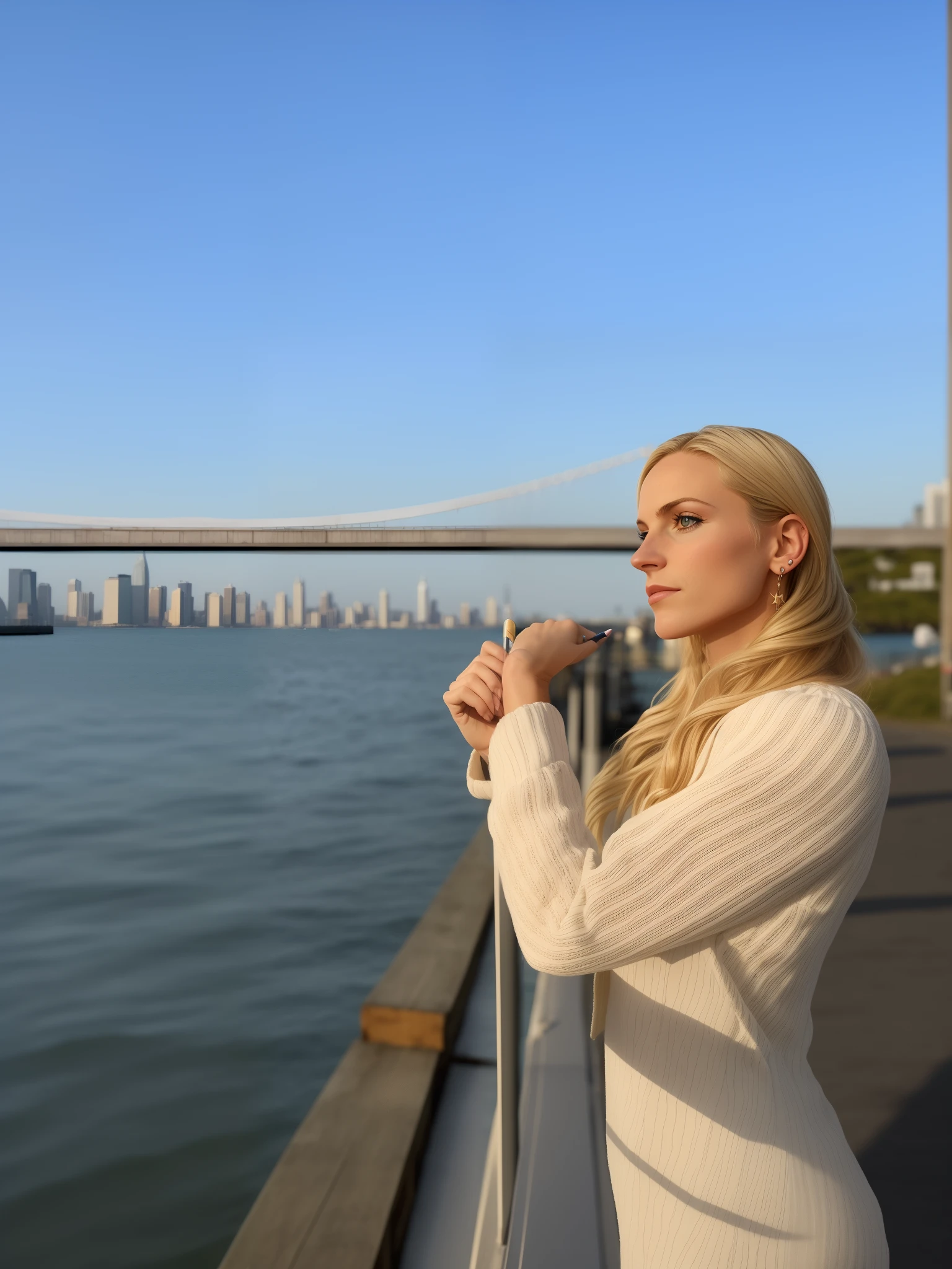 A beautiful blonde woman standing on a pier looking at the water, No meio de Nova York, Caroline Gariba, do lado, em uma ponte, inspired by Gina Pellón, Marischa Becker, standing on a bridge, olhando para o lado, tiro de lado, Foto de perfil, Pose de perfil, inspired by Louisa Matthíasdóttir, Pose de perfil