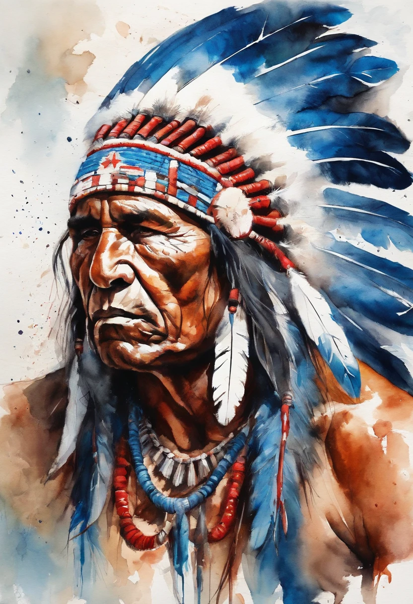 Muscular Native American Indian with giant scratching blue and red white denoenas