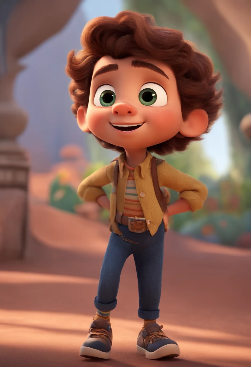 Image of a boy for a story in a YouTube video in Pixar format, He's the  allabester, He's the class leader, He's outgoing, Playful and gets up for a lot of things, cabelo curto